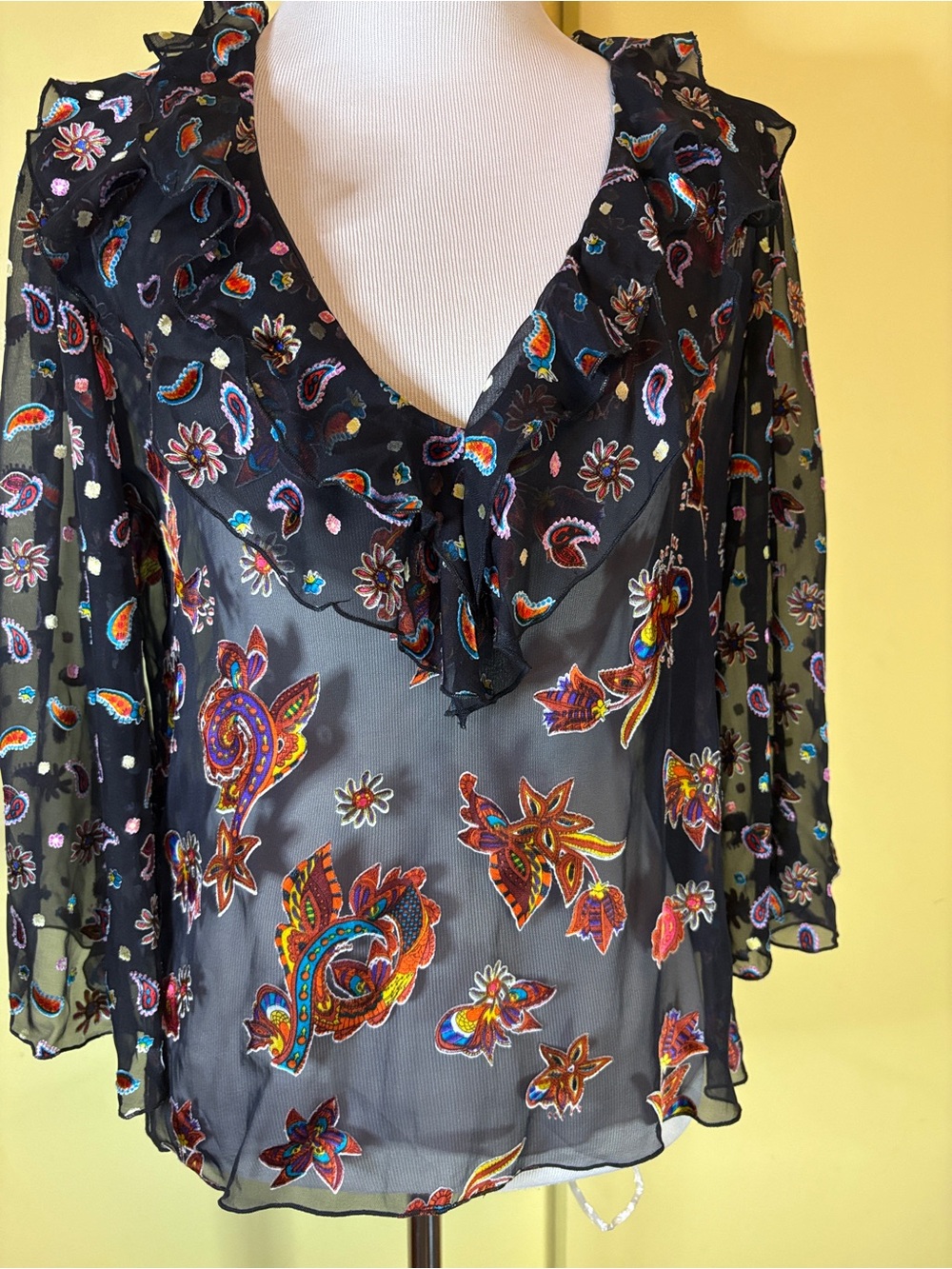 Alice & Olivia Sheer Black Floral Paisley Ruffle V-Neck Blouse